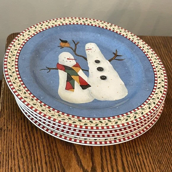 Sakura Snowman Debbie Mumm Set- 4 Christmas 8 1/4" Lunch Salad Plates Stoneware - Picture 3 of 11
